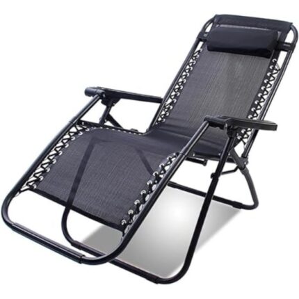 Scaun pliabil tip Sezlong recliner gri Gerald, Reglabil cu Cotiera si Suport lateral pentru Gradina Terasa sau Plaja, 120kg, Culoare Negru