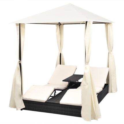 Sezlong dublu cu baldachin, Zakito Europe, poliratan, negru, perne crem, 197x140x250 cm