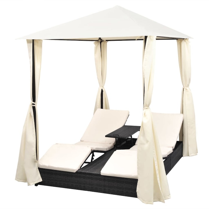 Sezlong dublu cu baldachin, Zakito Europe, poliratan, negru, perne crem, 197x140x250 cm