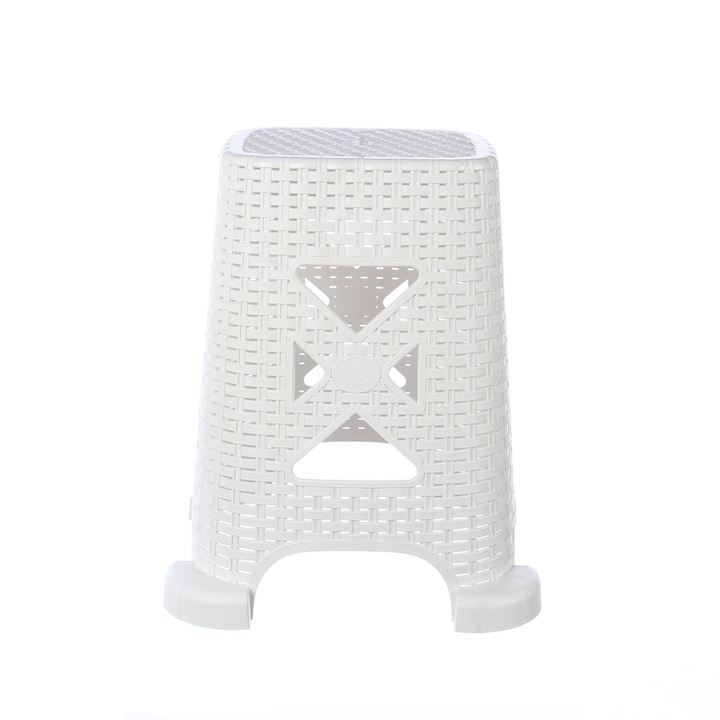 Taburet pentru gradina, Dolplast, material plastic, imitatie ratan, alb, rezistent, 28 x 28 x 45 cm