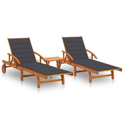 Set Sezlonguri vidaXL, 2 buc., cu masa si perne, lemn masiv de acacia, 199 x 67 x 30/51/62/77/85 cm, 34.23 kg 3077345