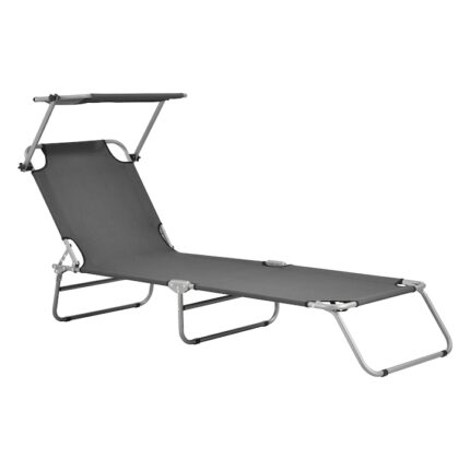 Sezlong Argozelo GD, casa.pro, 186 x 55 x 24 cm, otel/poliester, 110 Kg, gri inchis, reglabil in trepte cu parasolar