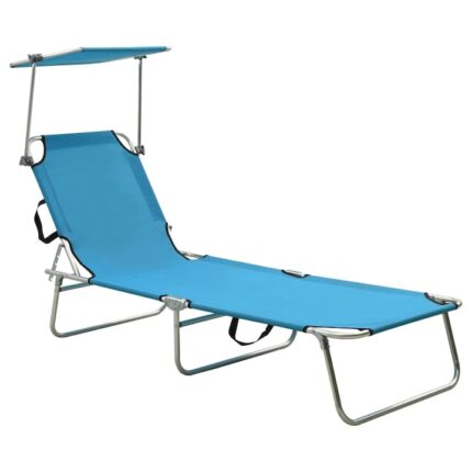 Sezlong pliabil cu baldachin, vidaXL, Tesatura, 189 x 58 x 27 cm, Albastru deschis