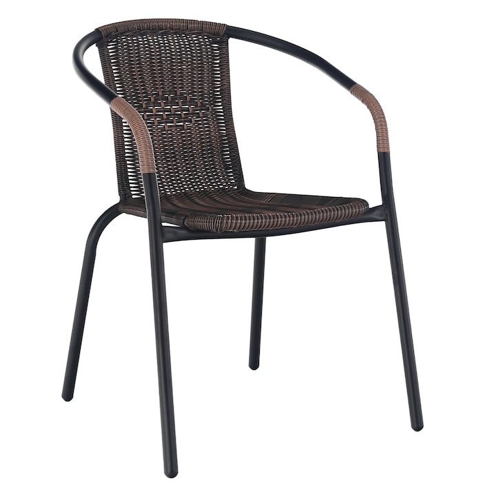 Scaun de gradina DacEnergy©, confectionat din metal, sezutul si spatarul din rachita sintetica, stivuibil, practic, 53 x 63 x 72 cm, maro si negru