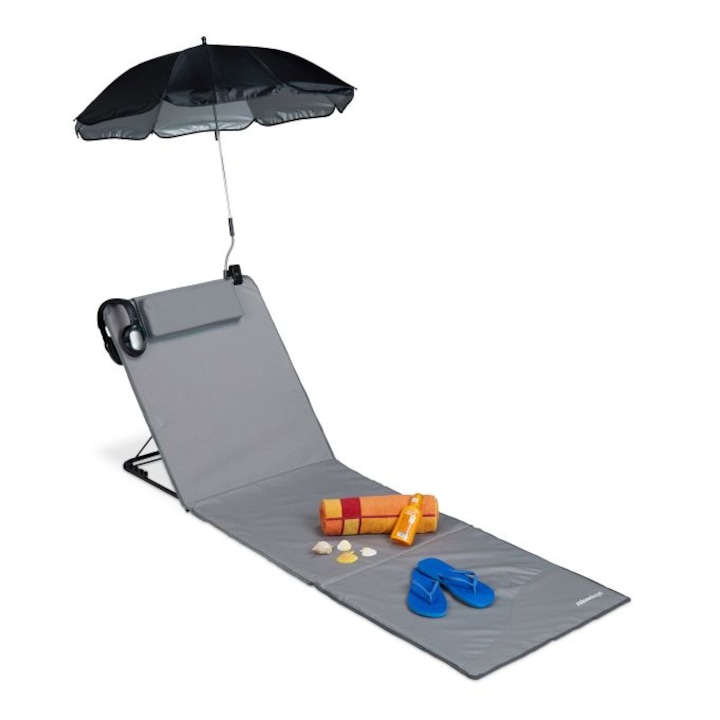 Sezlong de plaja pliabil, Relaxdays, cu perna si umbrela, gri, 6 x 60 x 197 cm