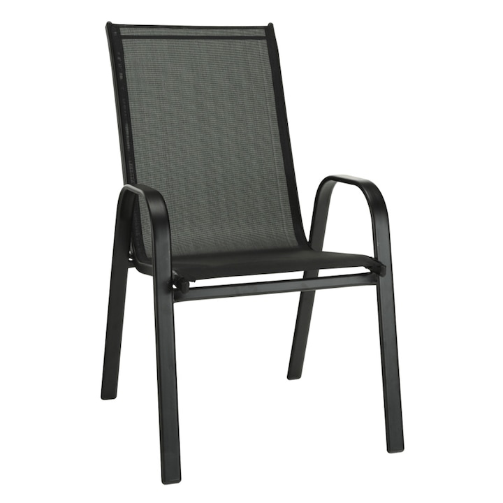 Scaun de gradina DacEnergy©, confectionat din otel si textil, stivuibil, cu spatar, 54 x 72 x 96 cm, gri inchis si negru