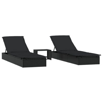 Set sezlonguri 2 piese, cu masa vidaXL, negru, poliratan, 201 x 55 x 20/23/36/50/62 cm, 26 kg