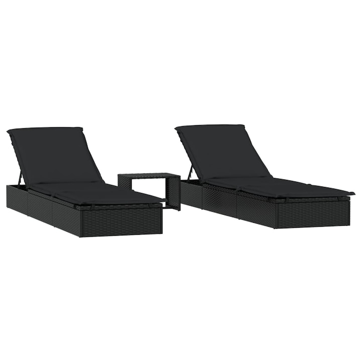 negru Set sezlonguri 2 piese, cu masa vidaXL, negru, poliratan, 201 x 55 x 20/23/36/50/62 cm, 26 kg