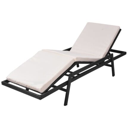 Sezlong cu spatar si suport pentru picioare reglabil cu perna, vidaXL, Poliratan, 196 x 71 x 39 cm, Negru