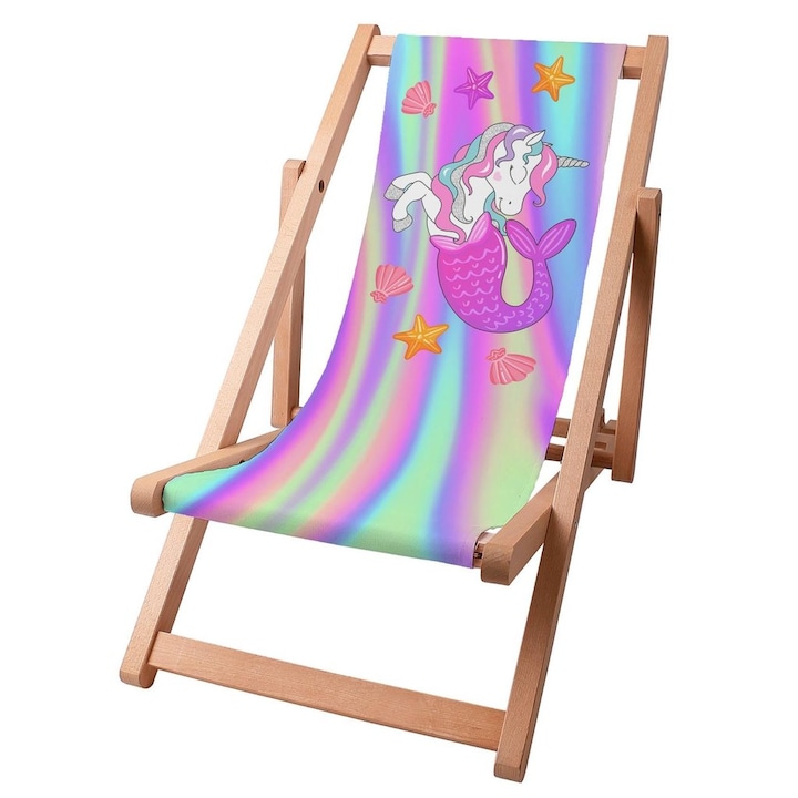 95x46.5cm Scaun tip sezlong pentru copii, Model unicorn sirena, 95x46.5cm, Lemn de fag/Poliester, Multicolor