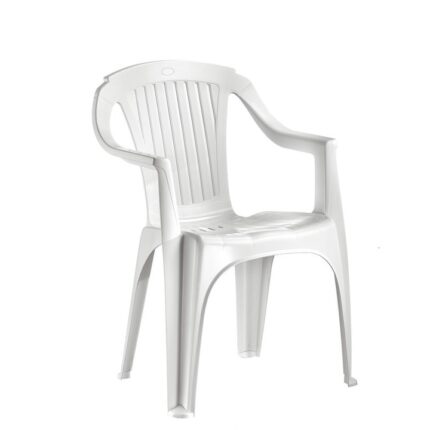 Scaun pentru gradina B&Q Sote, din material plastic prevazut cu spatar si brate laterale, 56 x 52 x 80 cm, alb