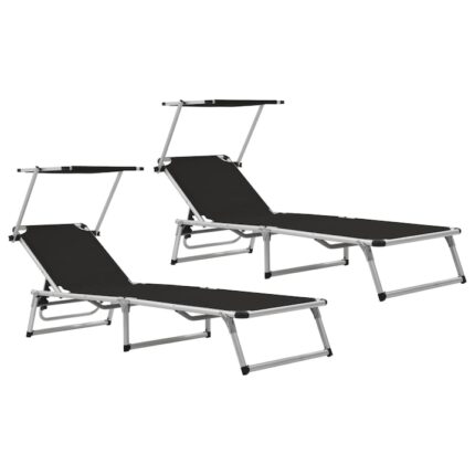 Set de 2 sezlonguri pliabile cu acoperis vidaXL, Aluminiu, 186 x 58 x 75-105 cm, Negru