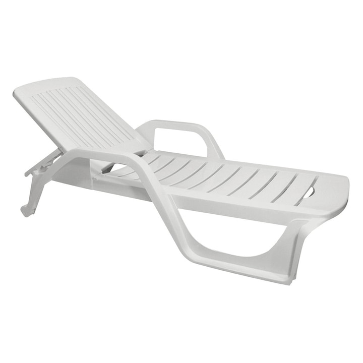 Sezlong Multifunctional KlaussTech pentru exterior, Dimensiuni 190 x 71 x 46, Spatar Reglabil, Stivuibil, Greutate 10 Kg, Material Plastic, Design Clasic, Alb