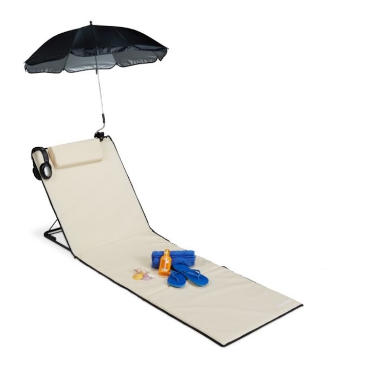 Sezlong de plaja pliabil, Relaxdays, cu perna si umbrela, bej, 6 x 60 x 197 cm