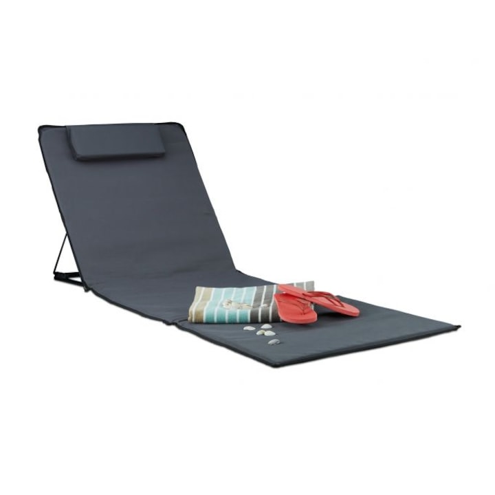 Sezlong de plaja pliabil, Relaxdays, cu perna, gri, 4 x 60 x 195 cm