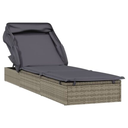 Sezlong cu acoperis pliabil vidaXL, gri, poliratan, 213 x 63 x 97 cm, 15.18 kg