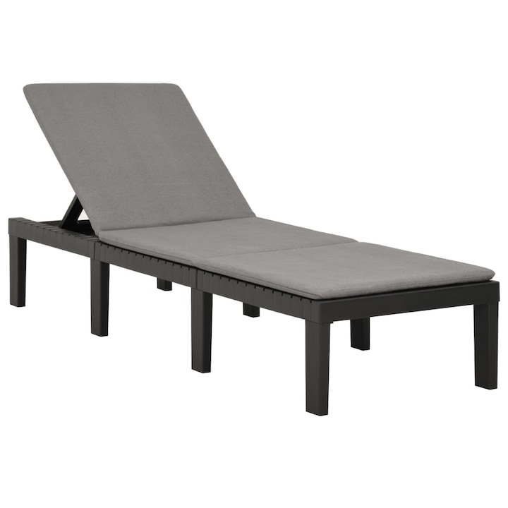 Sezlong din plastic pliabil cu perna, vidaXL, Plastic, 195 x 65 x 32 cm, Gri inchis