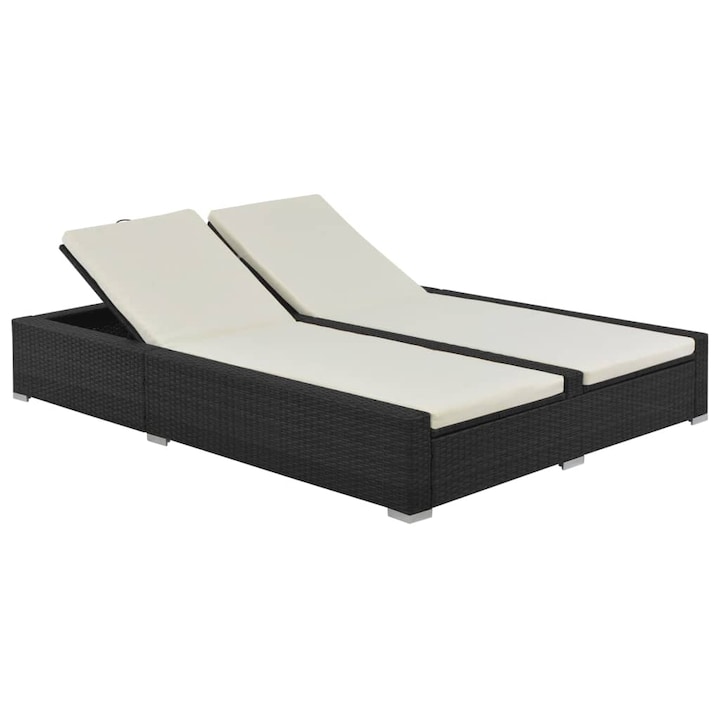 Sezlong dublu, vidaXL, Poliratan, Negru, 202 x 145 x 80 cm
