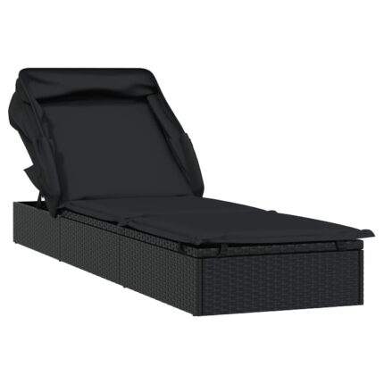 Sezlong cu acoperis pliabil vidaXL, negru, 213x63x97 cm, poliratan, 14.78 kg