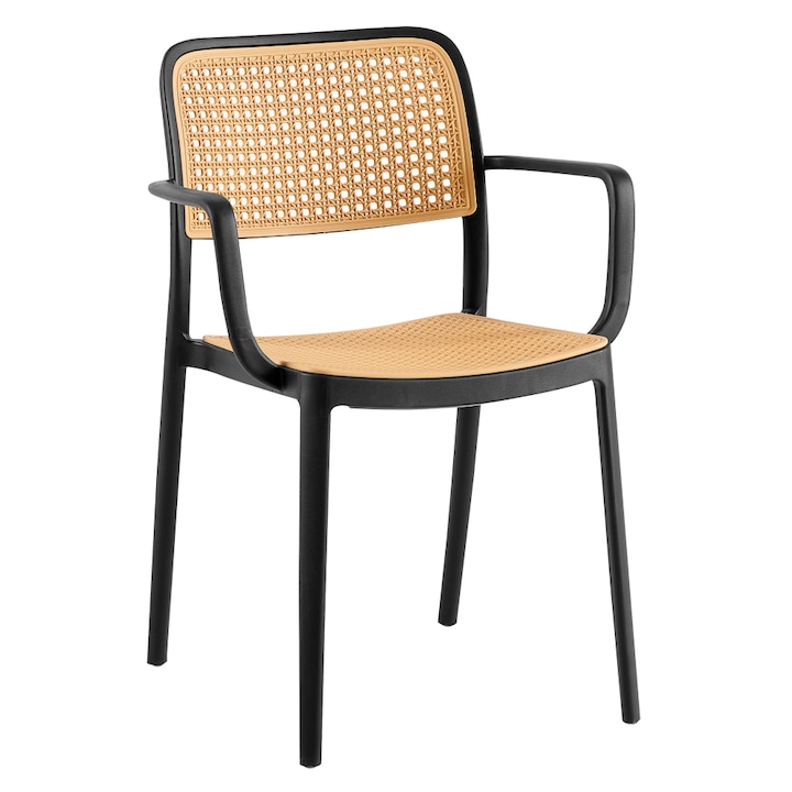 Scaun DacEnergy©, confectionat din plastic, stivuibil, stil modern, cu spatar, 58 x 55 x 81, 5 cm, negru si bej