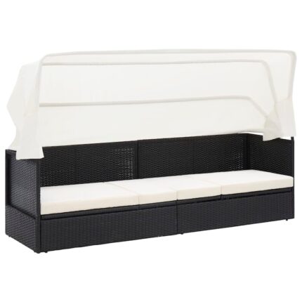Sezlong de gradina, Zakito Europe, rattan PE, cu baldachin pliabil, negru, 205x62x70cm