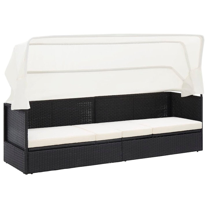 Sezlong de gradina, Zakito Europe, rattan PE, cu baldachin pliabil, negru, 205x62x70cm