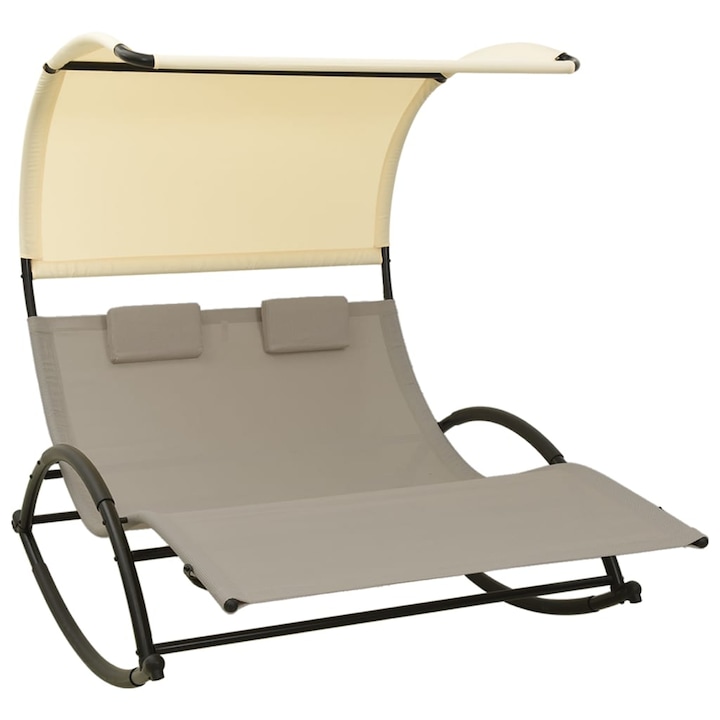 Sezlong de plaja dublu cu baldachin cu perne vidaXL, Otel, 139 x 180 x 170 cm, Gri taupe/Crem