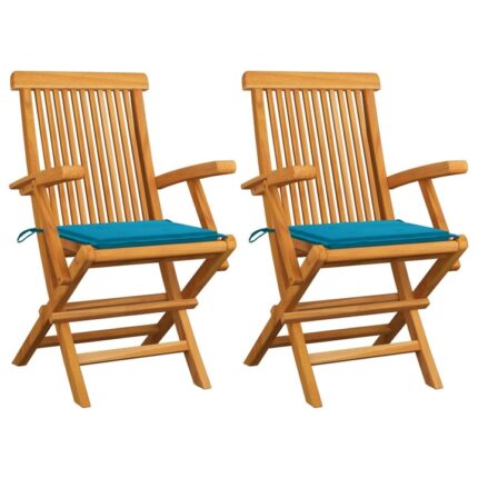 Set scaune de gradina cu perne albastre vidaXL, 2 buc., lemn masiv de tec, 55 x 60 x 89 cm, 14.88 kg