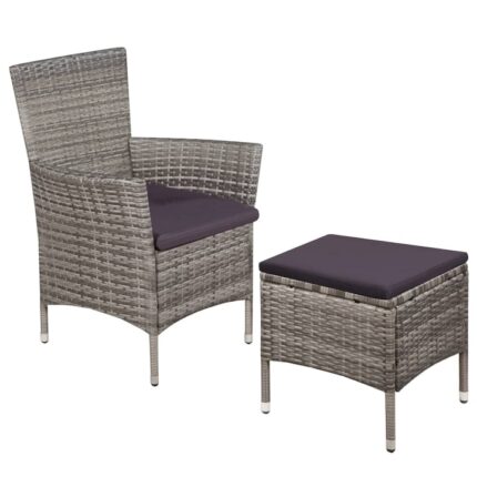 Set de scaun cu taburet si perne, vidaXL, Poliratan, Gri, 41 x 41 x 42 cm