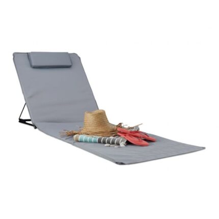 Sezlong de plaja pliabil, Relaxdays, cu perna, gri deschis, 4 x 60 x 195 cm