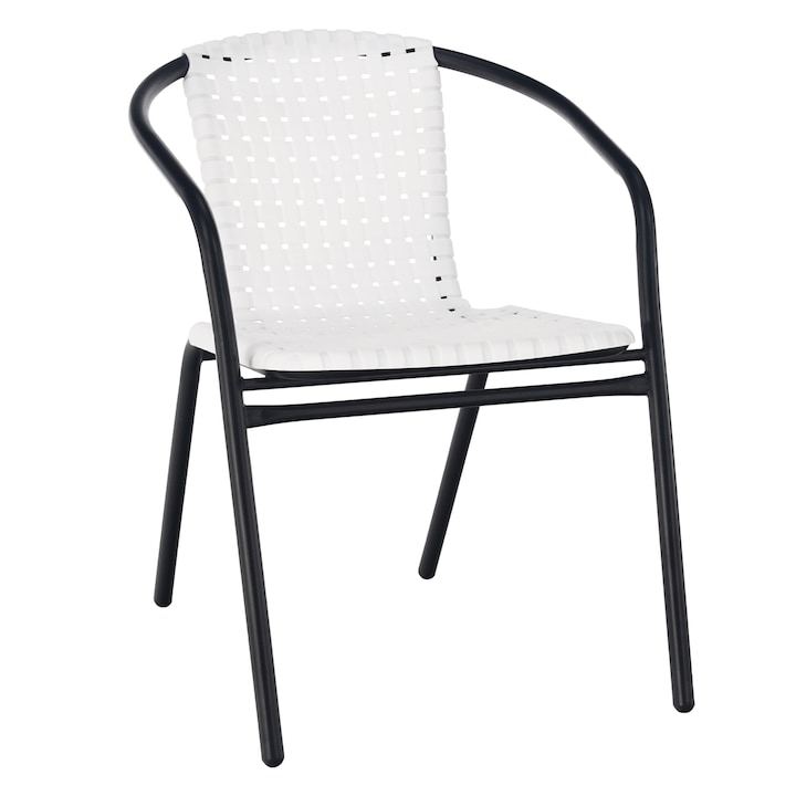 Scaun de gradina DacEnergy©, confectionat din metal, sezutul si spatarul din plastic, stivuibil, practic, 53 x 73 x 60 cm, alb si negru