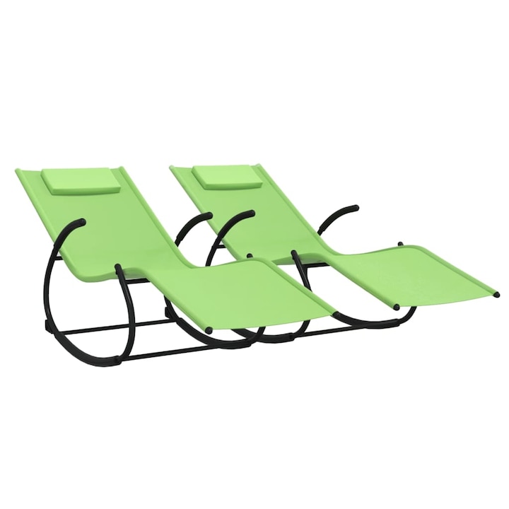 Sezlonguri balansoare vidaXL, 164 x 61 x 73 cm, 2 piese, verde, otel si textilena