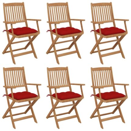 Set de 6 scaune pliabile de gradina cu perne groase vidaXL, Lemn, 54 x 57 x 91 cm, Maro/Rosu