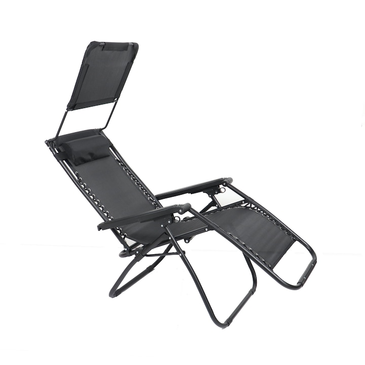 Scaun camping pliant Relax, structura metalica, tapiterie din textilen, cu protectie solara, negru, 173 x 109 cm