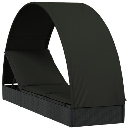 Sezlong cu acoperis rotund vidaXL, negru, poliratan, 211 x 57 x 140 cm, 15.2 kg