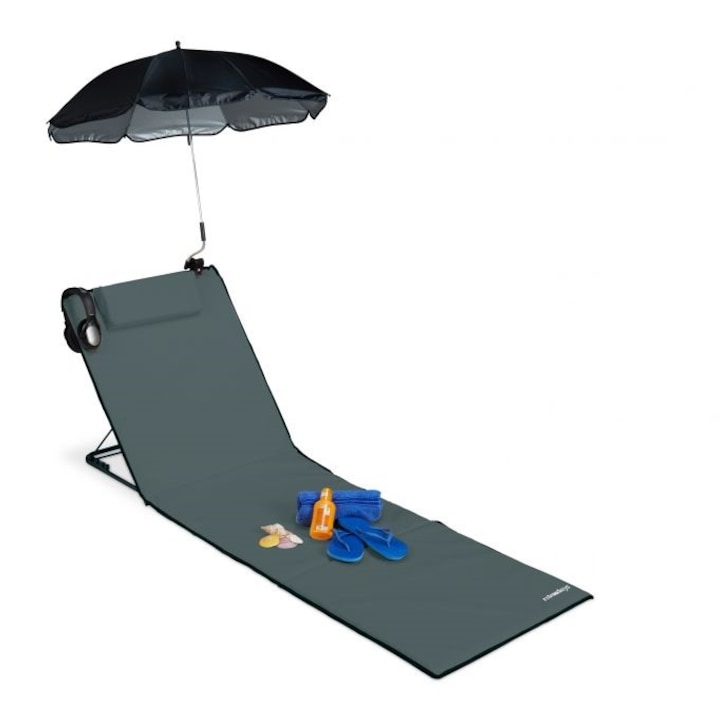 Sezlong de plaja pliabil, Relaxdays, cu perna si umbrela, gri antracit, 6 x 60 x 197 cm