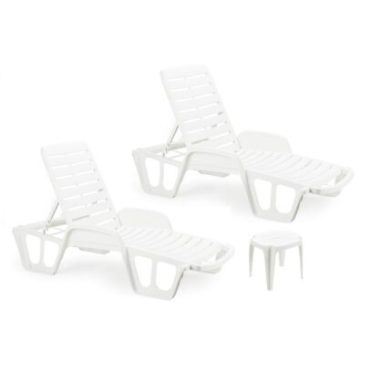 Set de 2 sezlonguri Lettino cu masa patrata Calypso, Material din Plastic, Masa Fixa, Functie reglare pozitie sezlong, Rezistenta la UV, Rezistente la apa, Culoare Alb