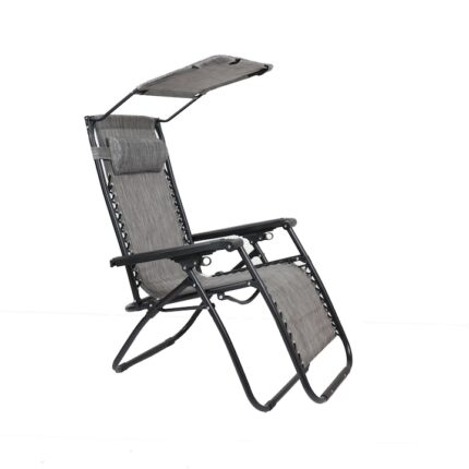Scaun camping pliant Relax, structura metalica, cu protectie solara, gri, 173 x 109 cm