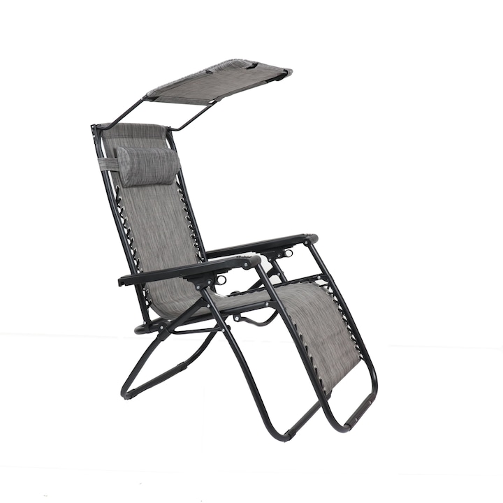 Scaun camping pliant Relax, structura metalica, cu protectie solara, gri, 173 x 109 cm