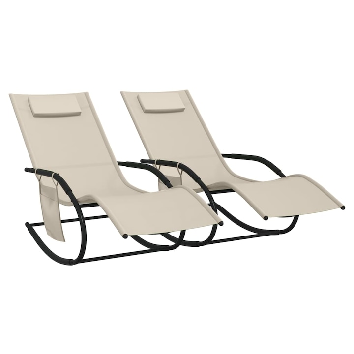 Sezlonguri balansoare vidaXL, 2 piese, 147 x 63 x 88 cm, crem, otel si textilena