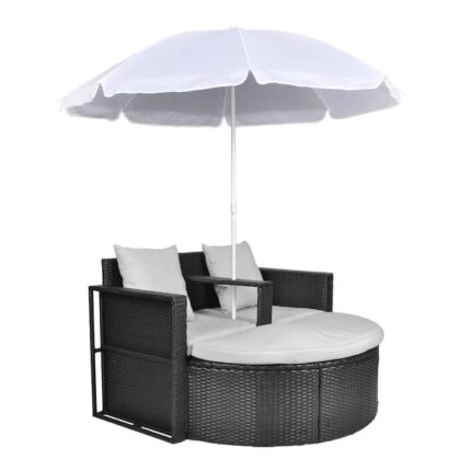 Set pat gradina Zakito Europe, otel/ratan sintetic/poliester, cu umbrela, negru/crem, 130x58x77cm, set perne detasabile