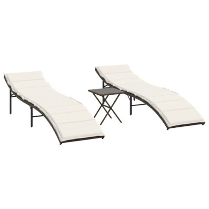 Set sezlonguri de plaja cu masa vidaXL, 2 buc., maro, poliratan, 20.8 Kg