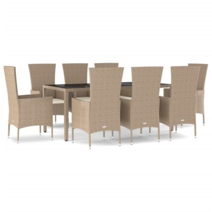 Set de masa pentru gradina vidaXL, 9 piese, cu perne, bej, poliratan, 60 x 58 x 108 cm