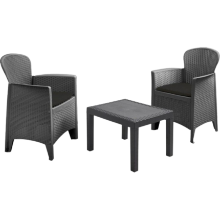 Set mobilier gradina, culoare negru, poliratan, 2 persoane, masa, 2 scaune, include perne