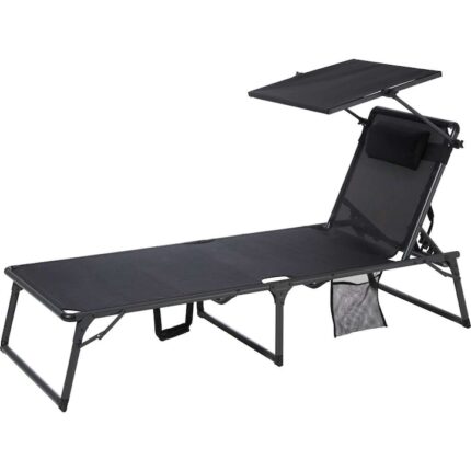 Sezlong de gradina cu parasolar si perna, textil cu cadru din metal, 196x67x84 cm