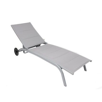 Sezlong plaja DacEnergy©, dimensiuni 193 x 61 x 30 / 92.5 cm, structura aluminiu, spatar reglabil in 4 pozitii, 2 roti, culoare gri