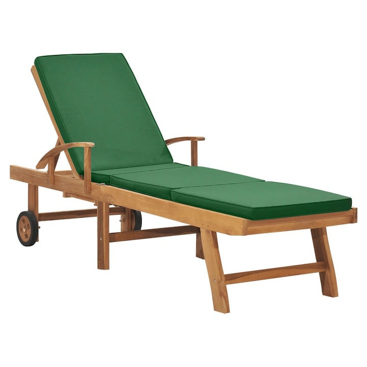 Sezlong gradina Zakito Europe, reglabil, lemn de tec/poliester, cu roti, masuta, verde, 195x59.5cm
