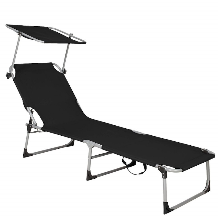 Sezlong de gradina, Springos, cu acoperis, 188 x 57 cm, Negru