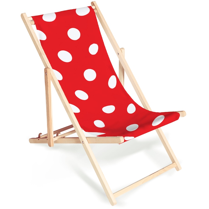 Sezlong FormTex, model "Buline Rosu", cadru din lemn de fag - 100x56x84cm - pliabil si reglabil, sezut din panza imprimata multicolor, potrivit pentru plaja/gradina/terasa/balcon