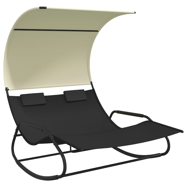 Sezlong dublu balansoar Zakito Europe, textilen, cu baldachin, negru si crem, 175.5x137.5x182.5 cm